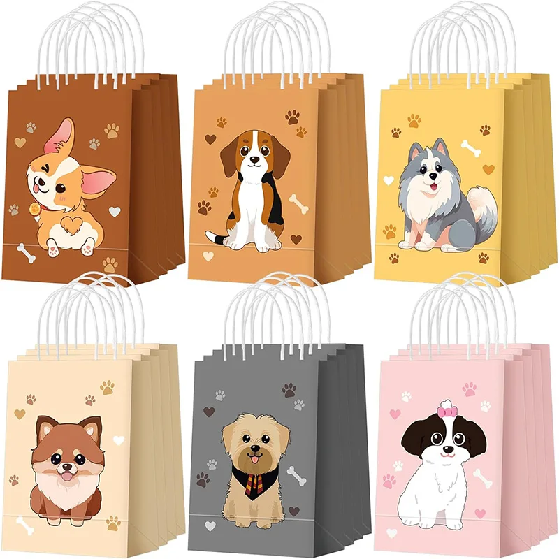 6/12/24 Pcs Cute Puppy Paper Bag with Handle Dog Birthday Party Candy Treat Bag Kid Birthday Party Favor Goodie Bag Pet Adoption