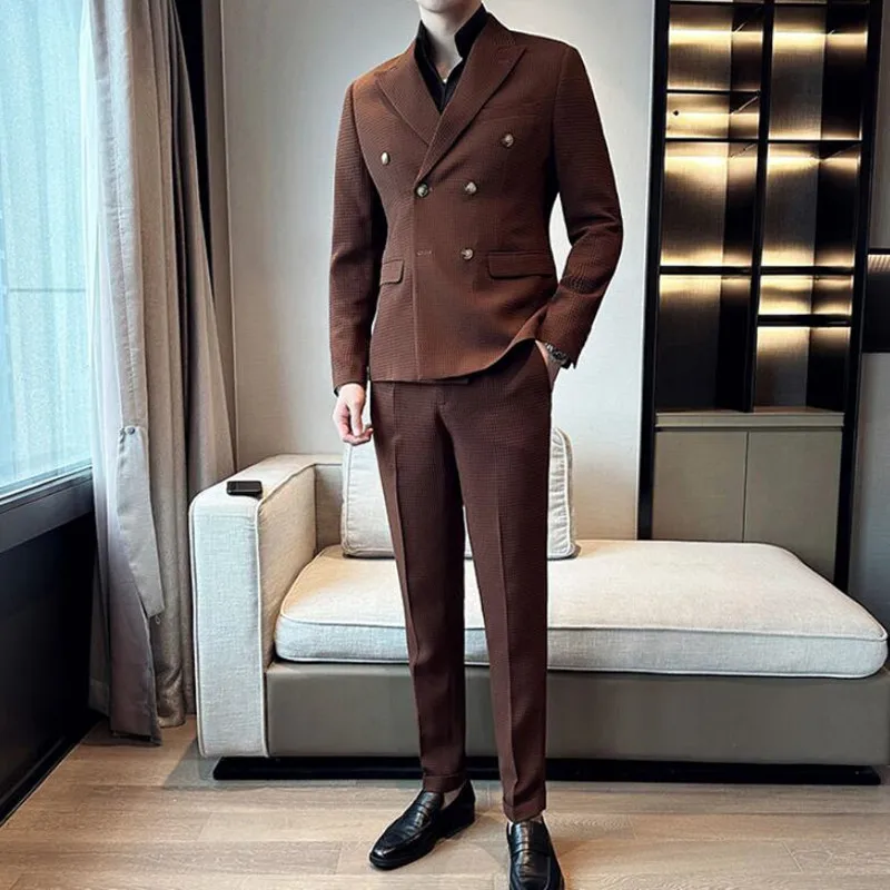 (Blazer+Trousers) Spring Business Casual Suits Uniform Men Streetwear 2-piece set Outerwear Clothing Men Double Breasted Dress