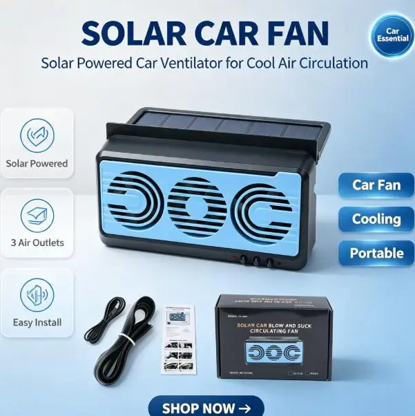 Solar Powered Car Exhaust Fan 3‑Air‑Outlet Ventilator ABS Cooling Air Circulation Fan Easy Installation Heat Dissipation Air