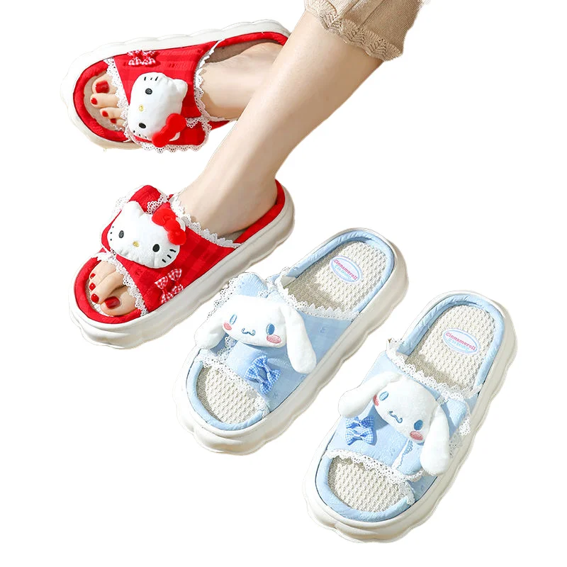 

Sanrio Hello Kitty льняные тапочки с героями мультфильмов, удобные дышащие тапочки на толстой подошве, домашние домашние хлопковые тапочки на плоском каблуке