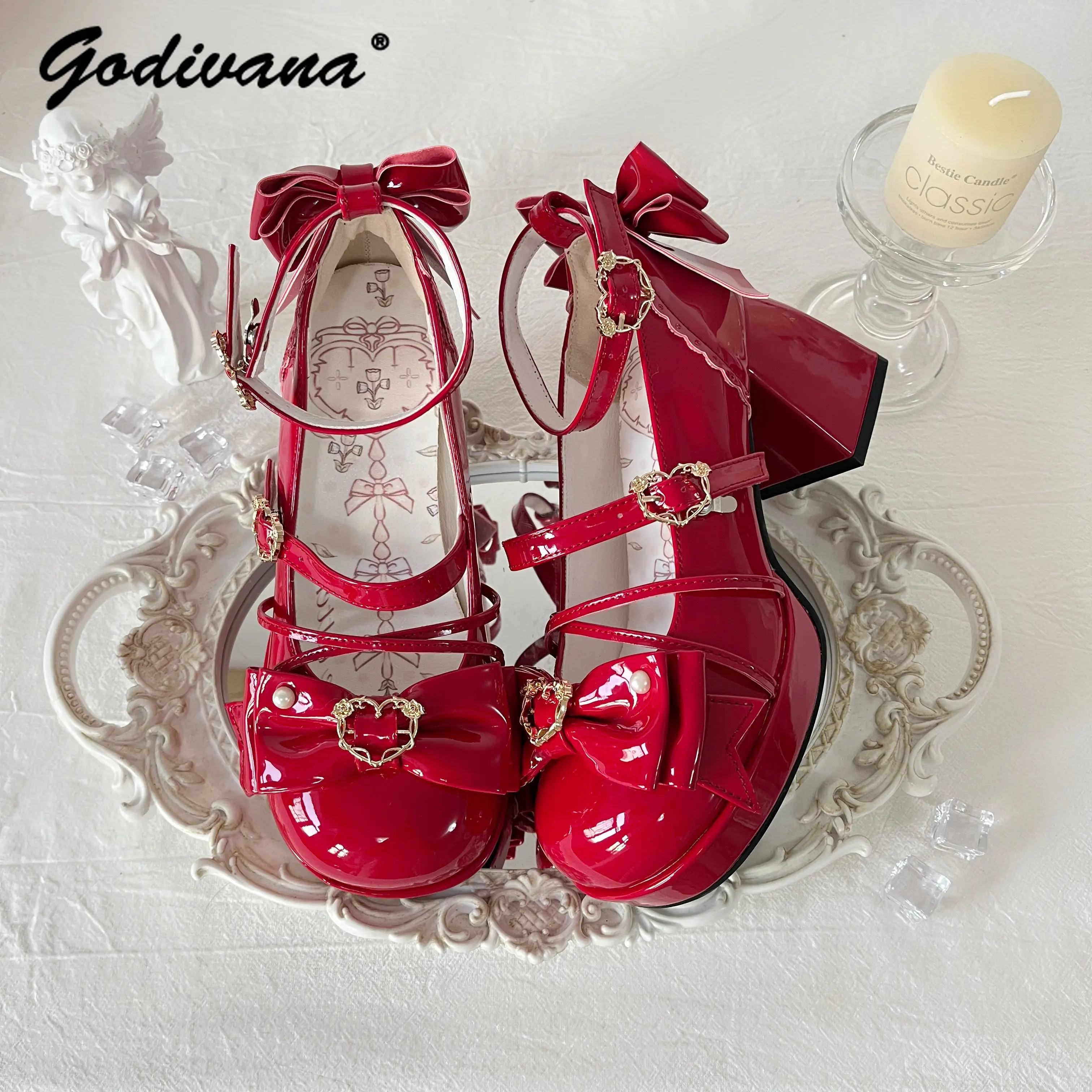 Original Lolita Bow High Heels Sweet Girls Cute Japanese Round Head Elegant Paltform Pump Leather Heel Mary Janes Female