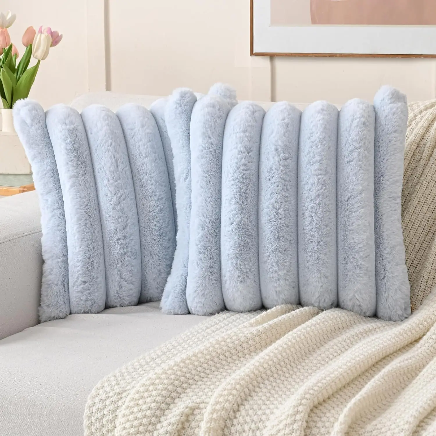 

Light Blue Decorative Throw Pillow Covers 26X26 H Set Of 2, Square Soft Faux Rabbit Fur Big Striped Pillow Sham,Home Decor For