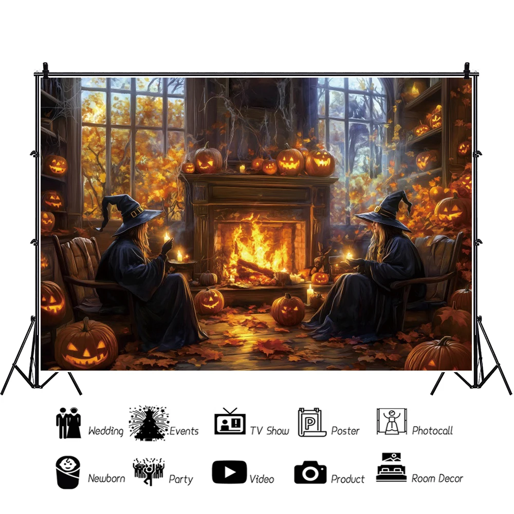 ハロウィーンの魔女の背景、古い教会の暖炉、カボチャのランタン、子供の家族の肖像画の写真、背景の装飾、スタジオの写真アクセサリー