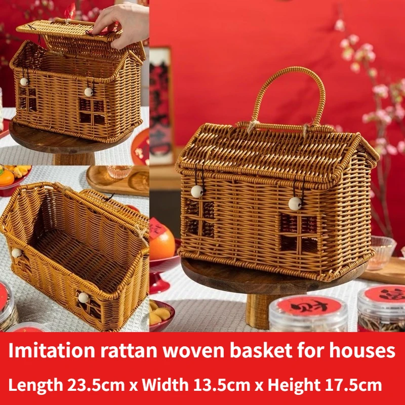 

Imitation Rattan House Shaped Basket with Lid, Decorative Hand Woven Shelf Organizer with Folding Handle