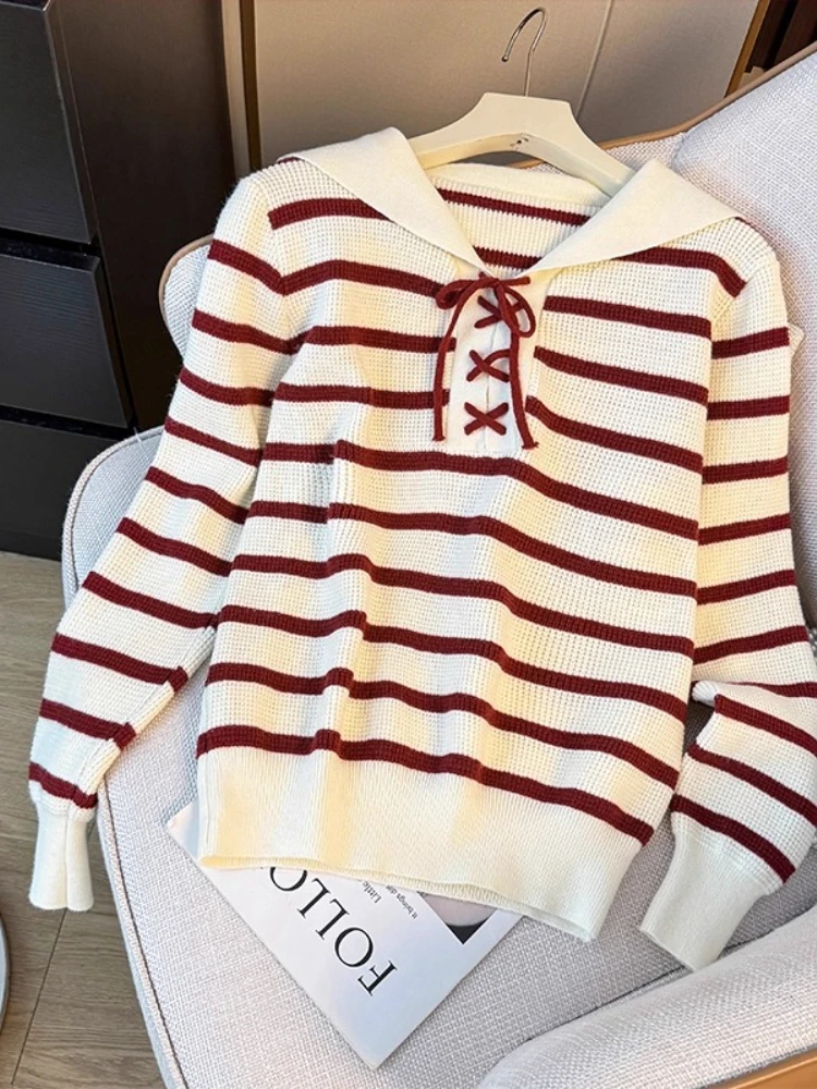 

Korobov Sweet Contrast Color Striped Sailor Collar Long Sleeve Loose All Match Bow Tie Straps Pullovers