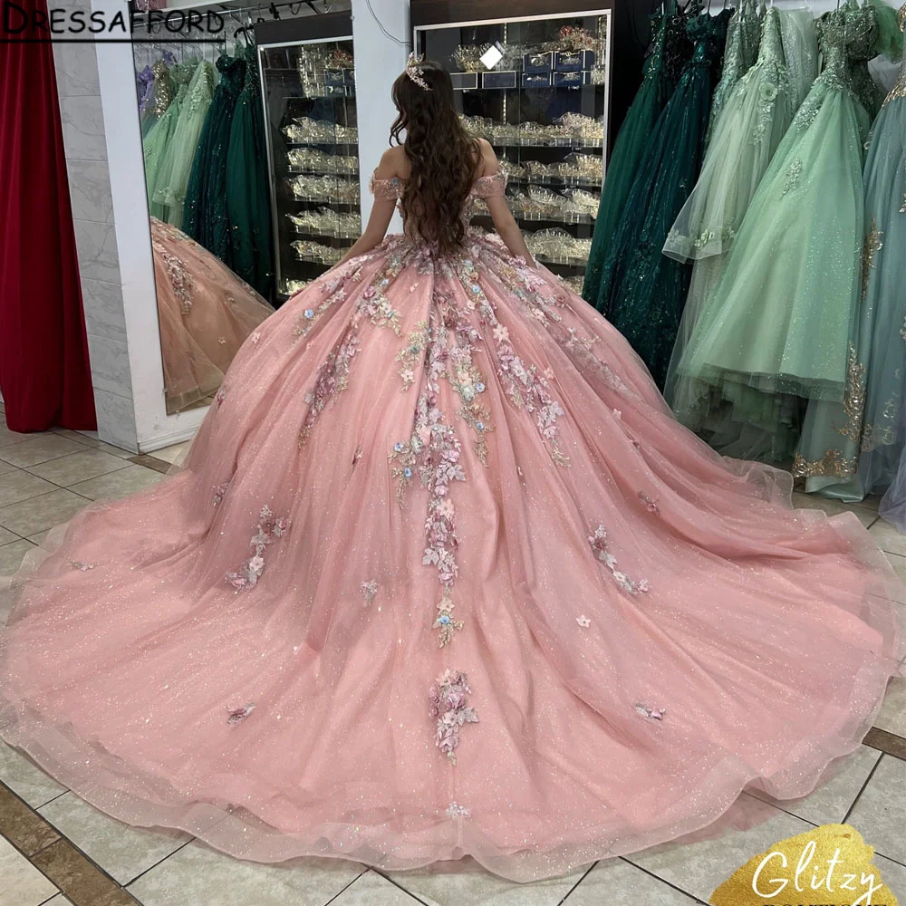 Luxury Gold Sparkles Off The Shoulder Pink Quinceanera Dress 2024 Ball Gown Charro Mexican Dress vestido de 15 quinceañera