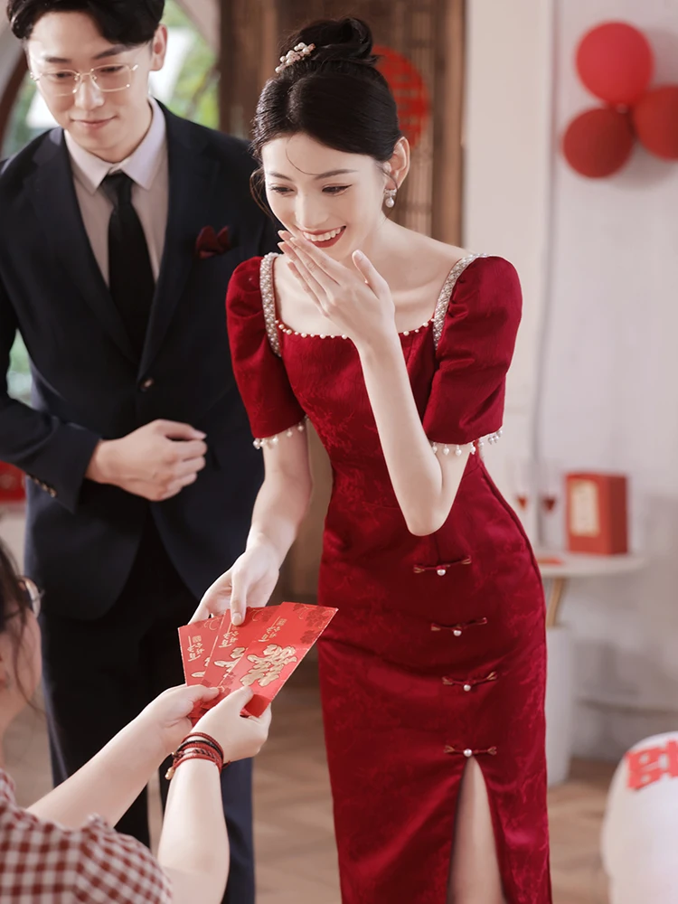 

Ele Red Wedding Qipao Dr Beautiful Bridal Ceremony Dr ort Sve Zipper Sle Pearls Embellied Slim Fit for Wed...