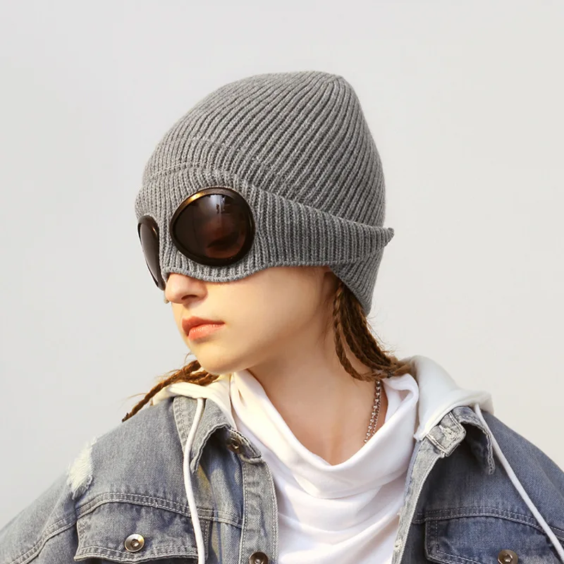 Luxury Hats for Women Riding Cold-Proof Wool Hat Pilot Glasses Plus Fluff Knitted Hat Men Bonnets Hat Beanie