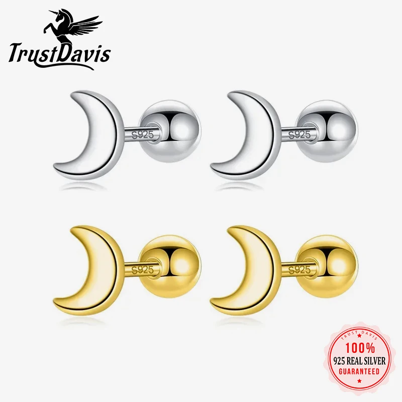 Trustdavis Echt 925 Sterling Silber Mode Minimalistischen Mini Mond Schraube Stud Ohrringe Für Frauen Kinder Feine S295 Schmuck DA164