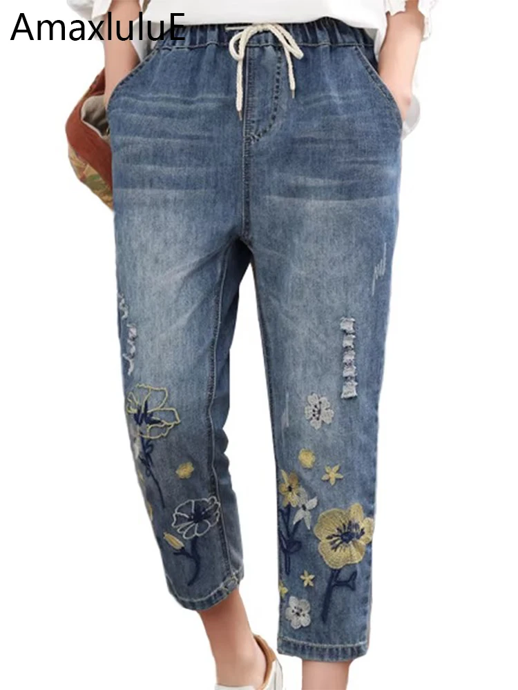 Amax luluE Jeans da donna con ricamo vintage stile moda estiva cinese Pantaloni casual in denim floreale da donna Pantaloni Harem strappati