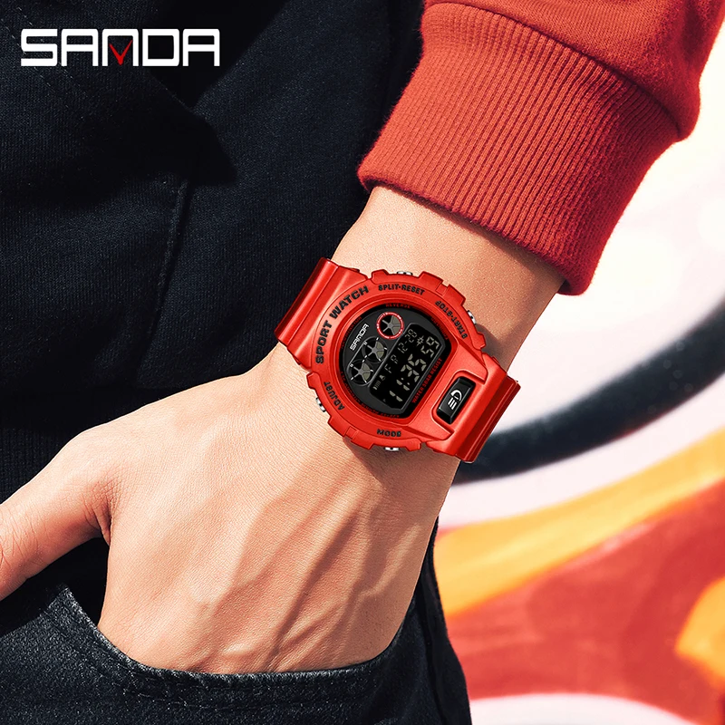 SANDA Personality Mens Electronic Watches Luminous Digital Multifunction Watch Red Strap 50M Water Resistant Relogio Masculino