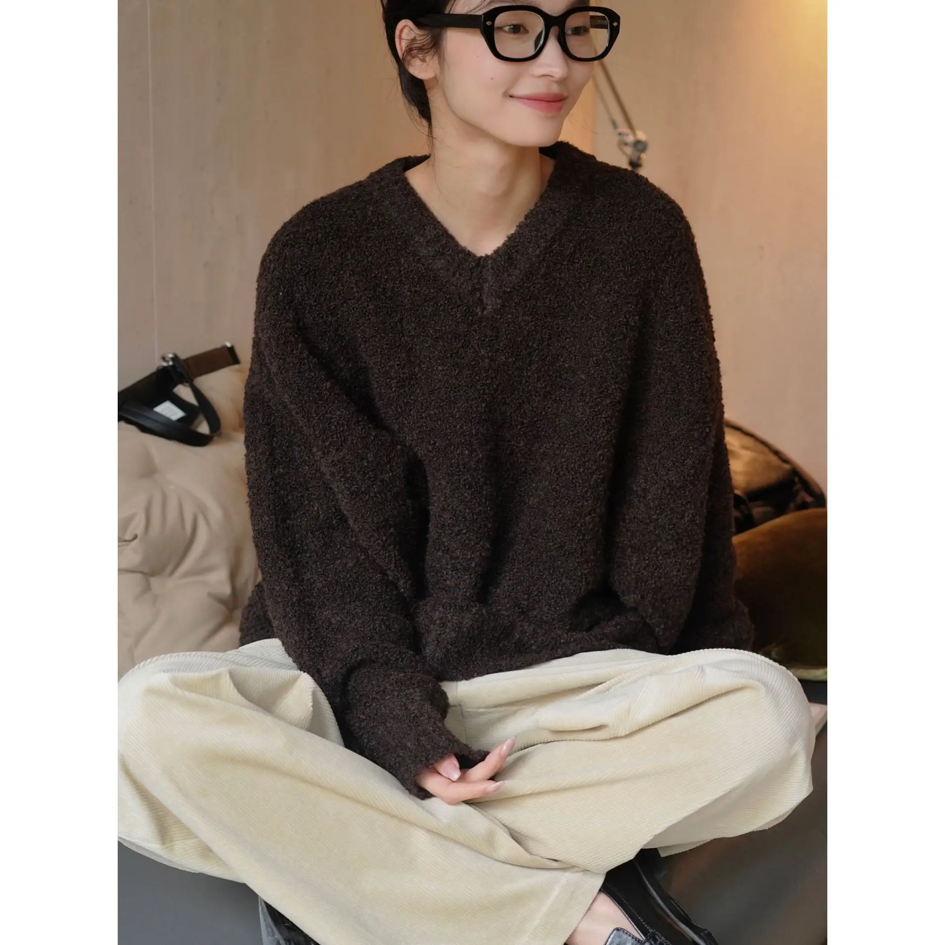 

Wool Sweater Pullover V-Neck Women Tops Loop Yarn Harajuku Fashion Knitted Long Sleeve Loose Pullovers