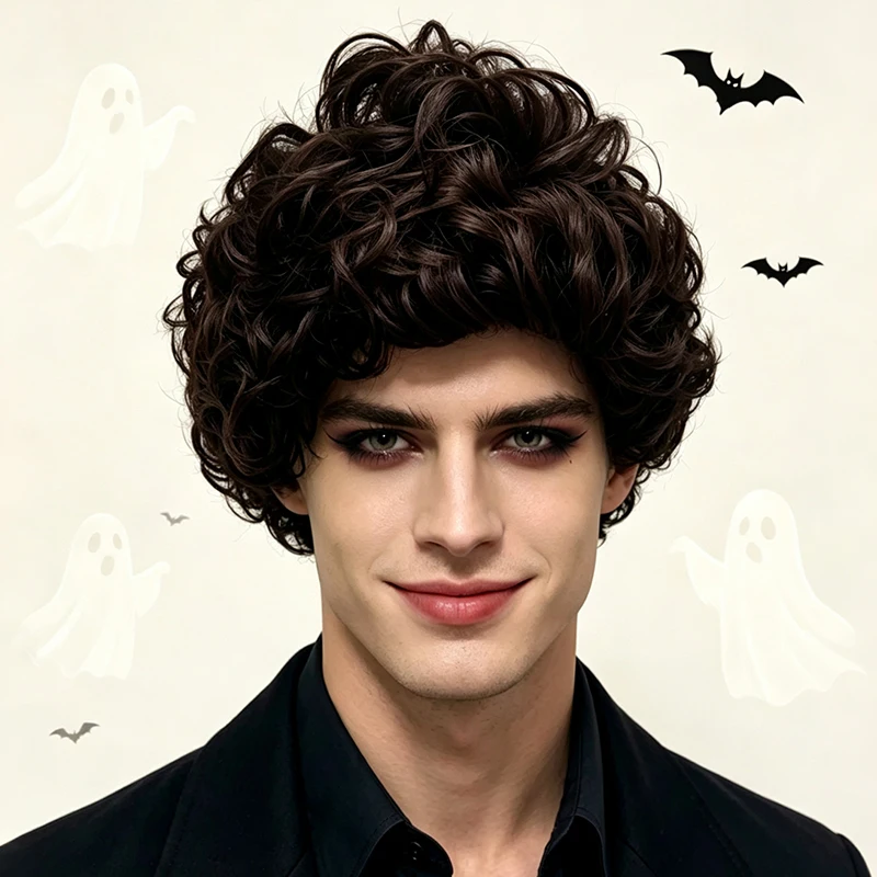 Dark Brown Synthetic Short Fluffy Crimped Curly Round Bob Wig Cosplay Anime Halloween Party Costume Role Play