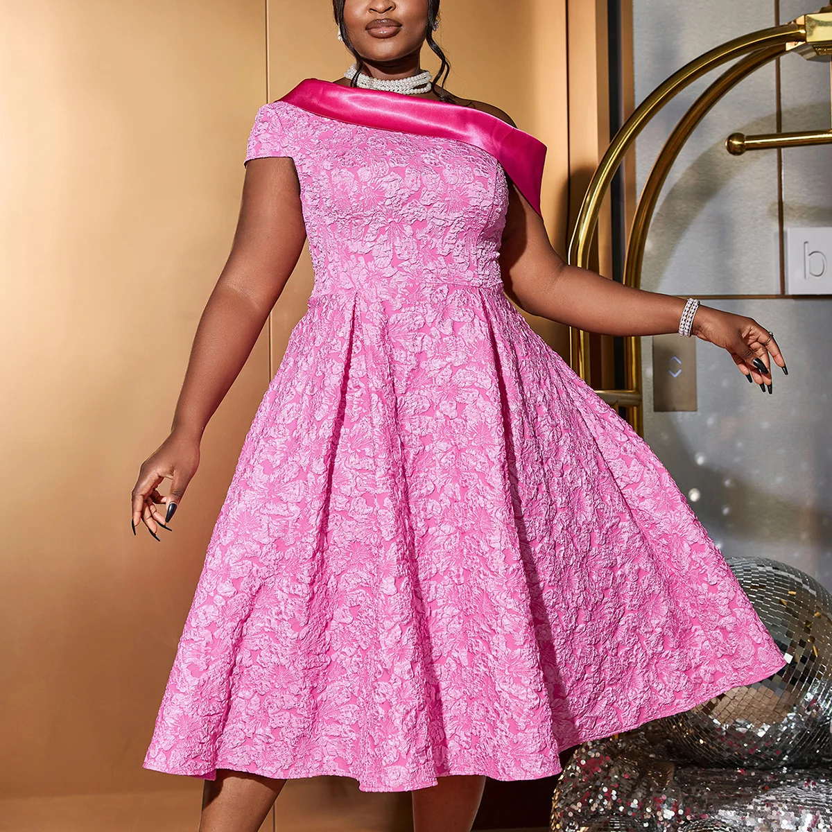 

Woman Clothing Elegant Jacquard Dress Party Banquet Diagonal Collar Large Skirt A-line Pink Skirt African Formal Dresses