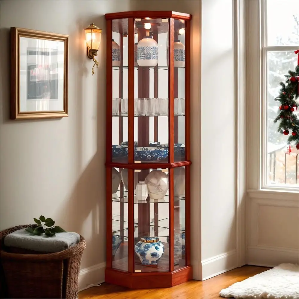 

Угловой шкаф для сувениров со стеклом с подсветкой, высота 70, вишневый стиль, 5 регулируемых полок, витрина для вина и Китая для гостиной (