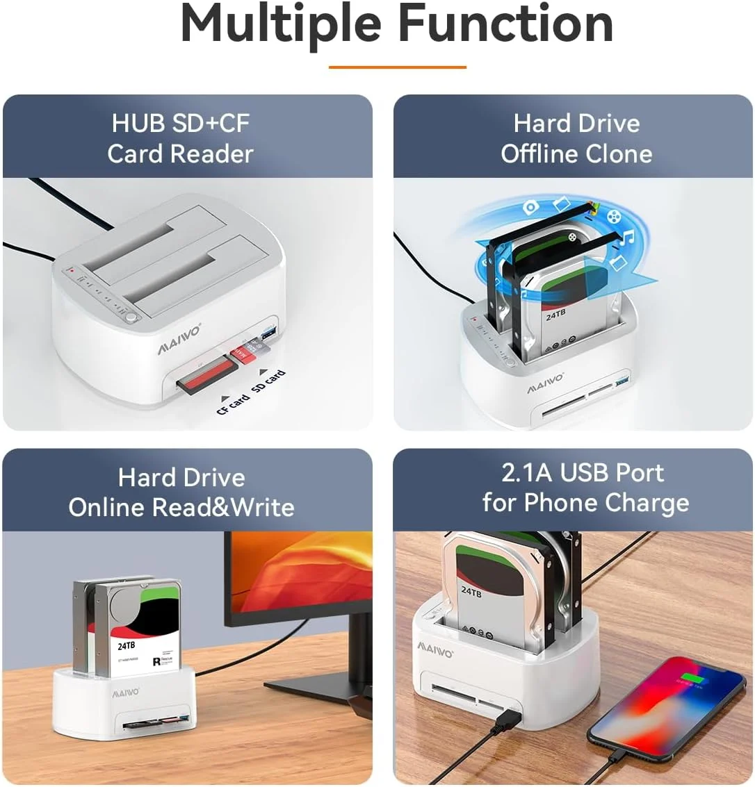 MAIWO SATA - USB3.0 デュアルベイ ハードドライブ ドッキングステーション (オフラインクローン機能付き、2.5インチ/3.5インチ HDD/SSD 48TB対応、CF/SDカード対応)