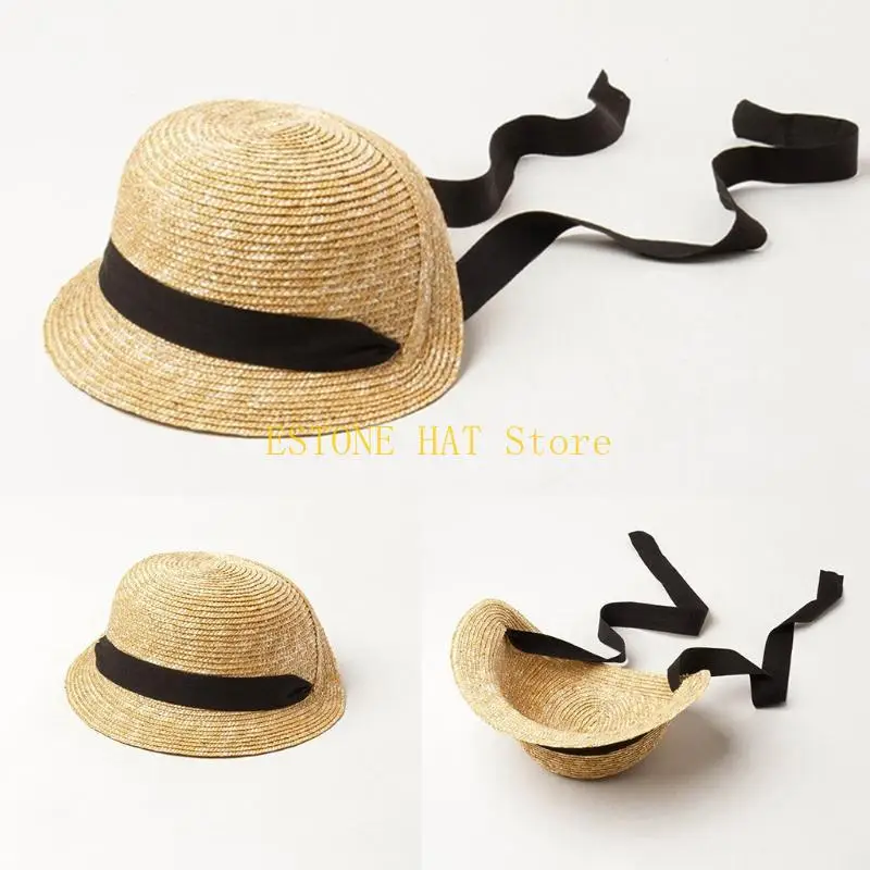49MF Straw Hat Packable Cap Embellished with Textured Ribbon Travel Companion Reduce UV Harm Protect Delicate Skin