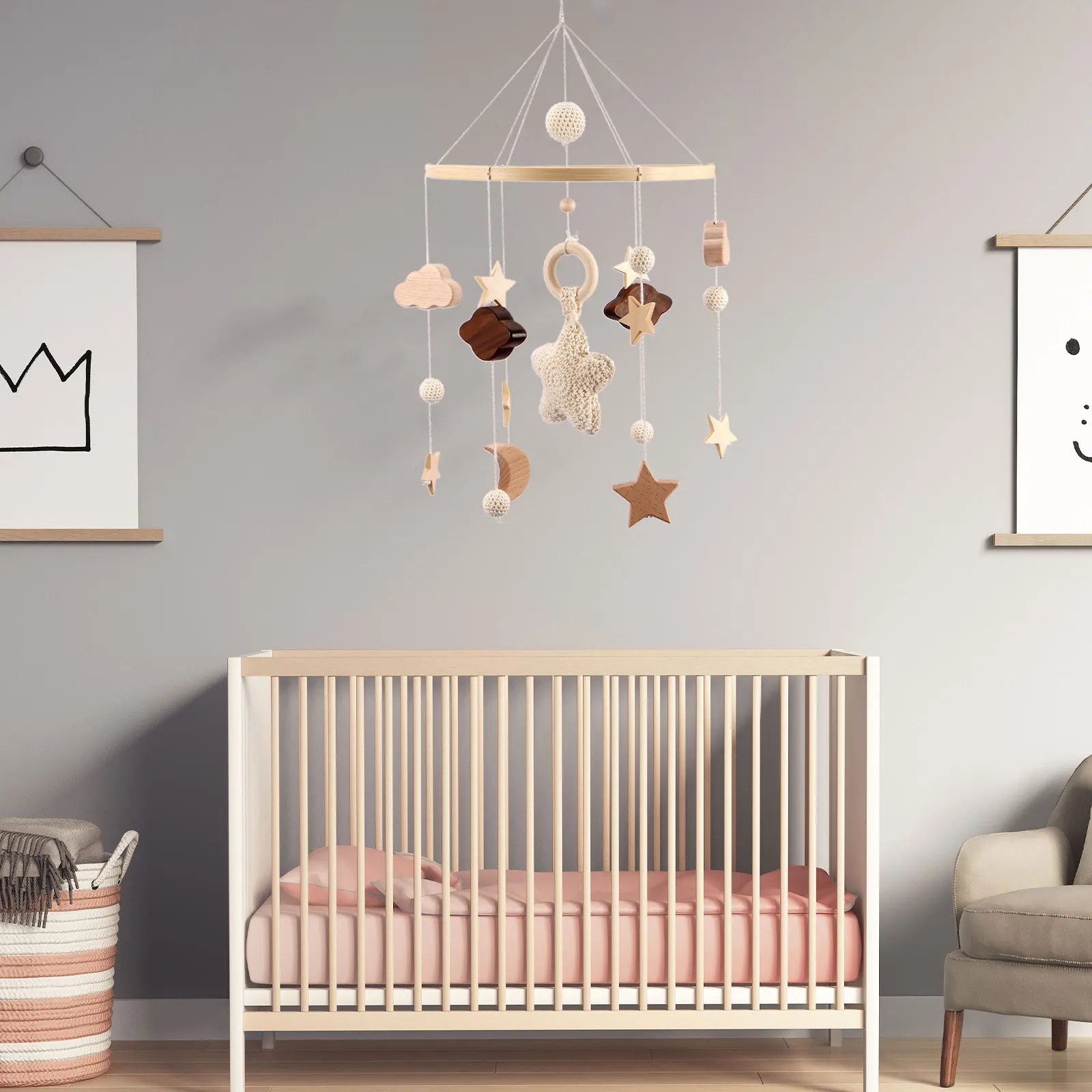 Baby Crib Mobile Boho Baby Nursery Mobiles Hanging Crib Ceiling Mobile Wooden Crib Nursery Decoration Neutral Crib Nursery