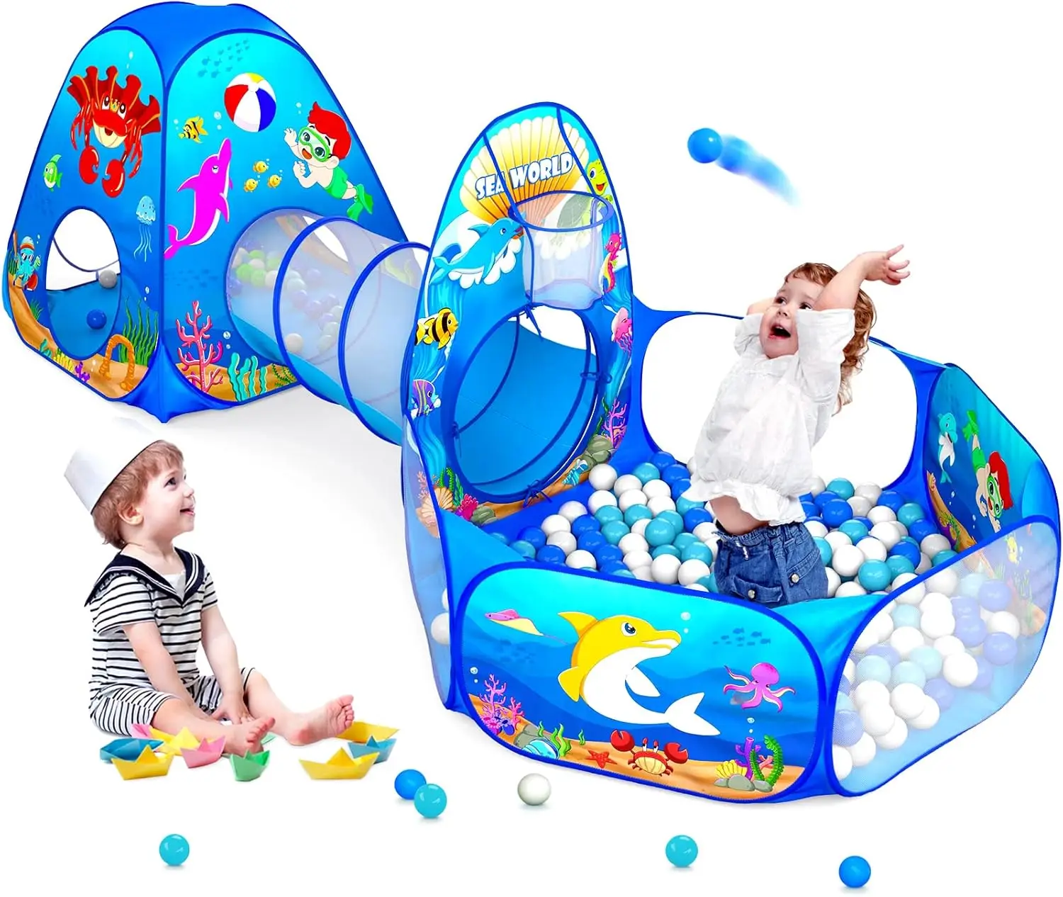 3PC kinderballenbakken voor peuters met kinderspeeltent, kindertunnel voor baby, kinderen pop-up binnen/buiten speelhuisje speelgoed voor jongens