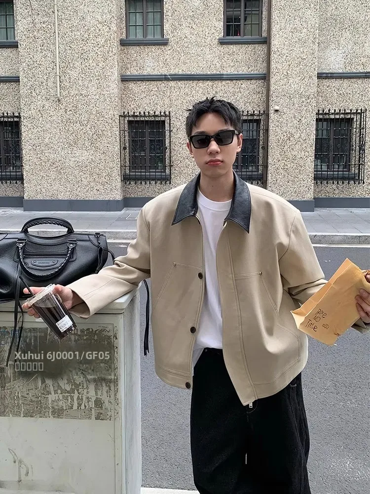 

American Retro Patchwork Color Leather Collar Workwear Jaet Men's Sle Spring Autumn Cleanfit High-End Feeling Pad oulde...