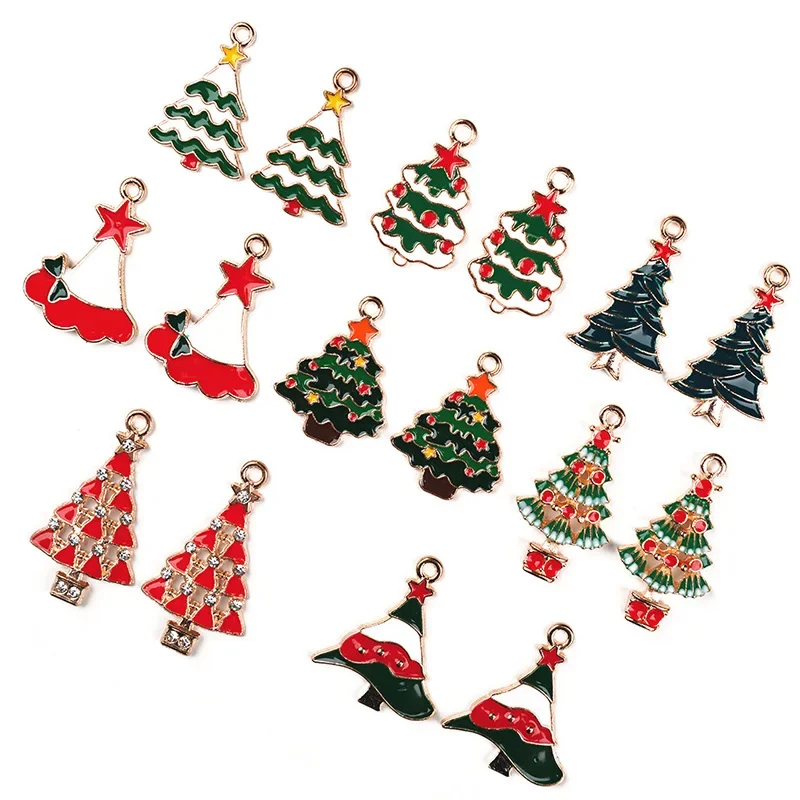 10pcs Eight Kinds of Christmas Trees Decorated with Red Stars DIY Metal Enamel Charms for Bracelet Earrings Jewelry Making