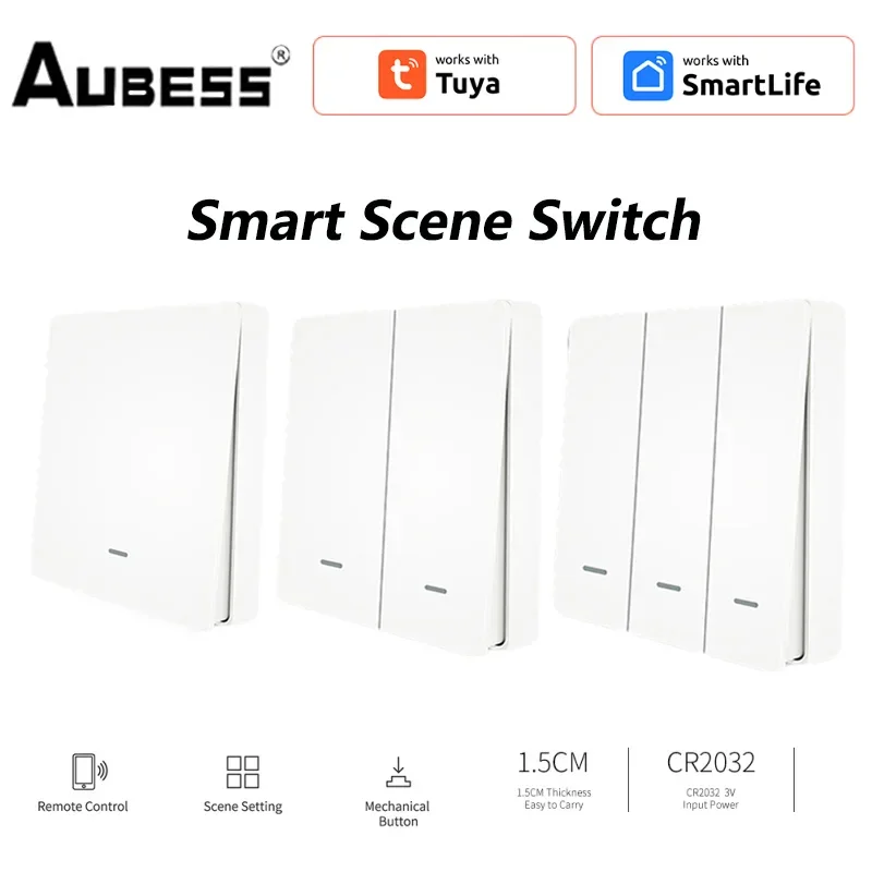 Aubess Tuya ZigBee 3.0 Smart Scene Switch Wireless Free Sticker Wall Scene Switch Push Button Battery Powered Smart Home