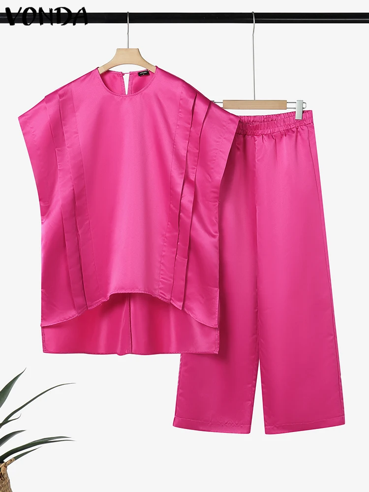 

Plus Size VONDA Summer Sets Women Satin Solid Office Pant Sets Fashion Short Sleeve Pleated Tops and Long Pants Elegant Outfits