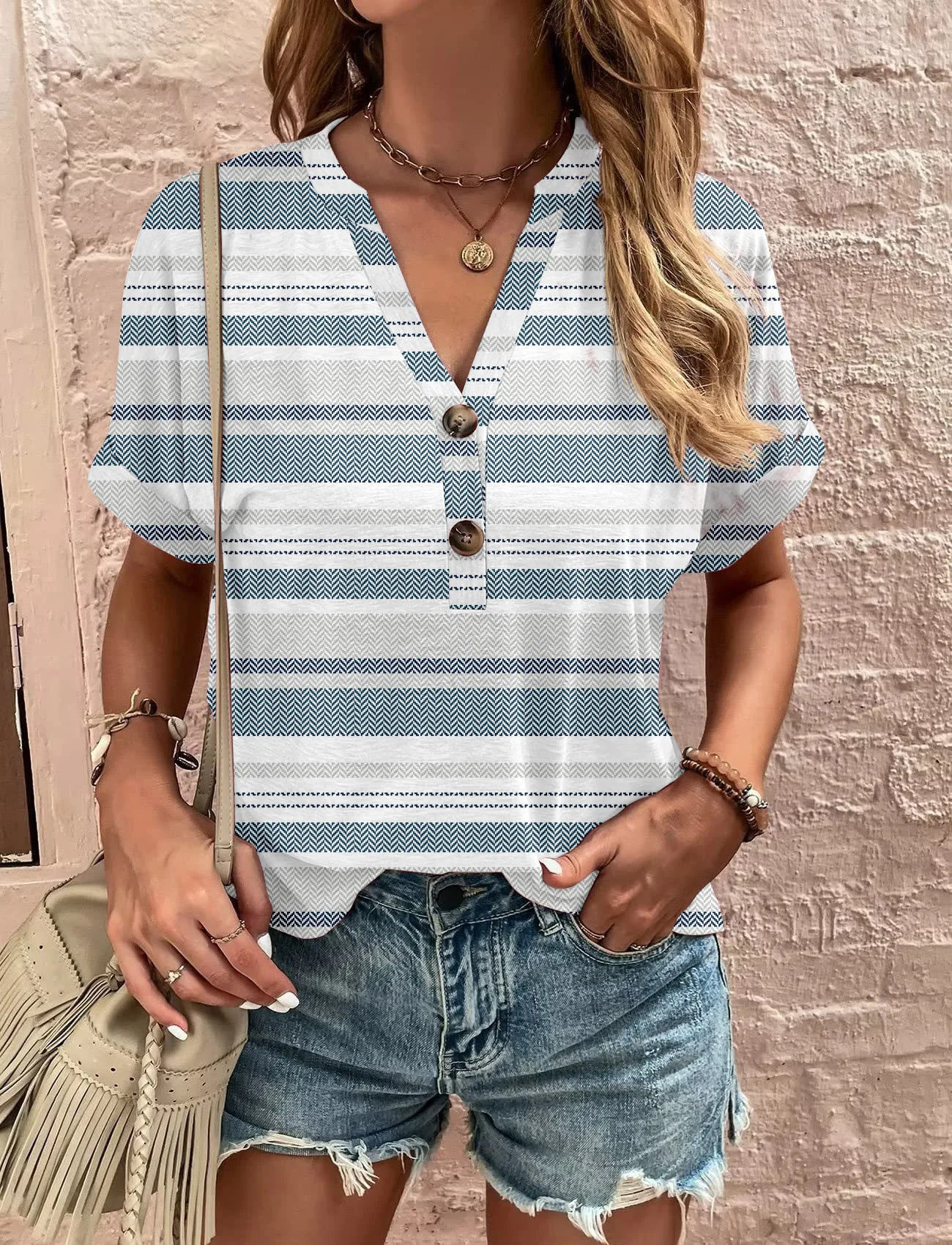 Verano algodón Lino transpirable Color sólido botón abajo camisa con cuello en V básico y versátil Casual cómodo señora Oficina Tops