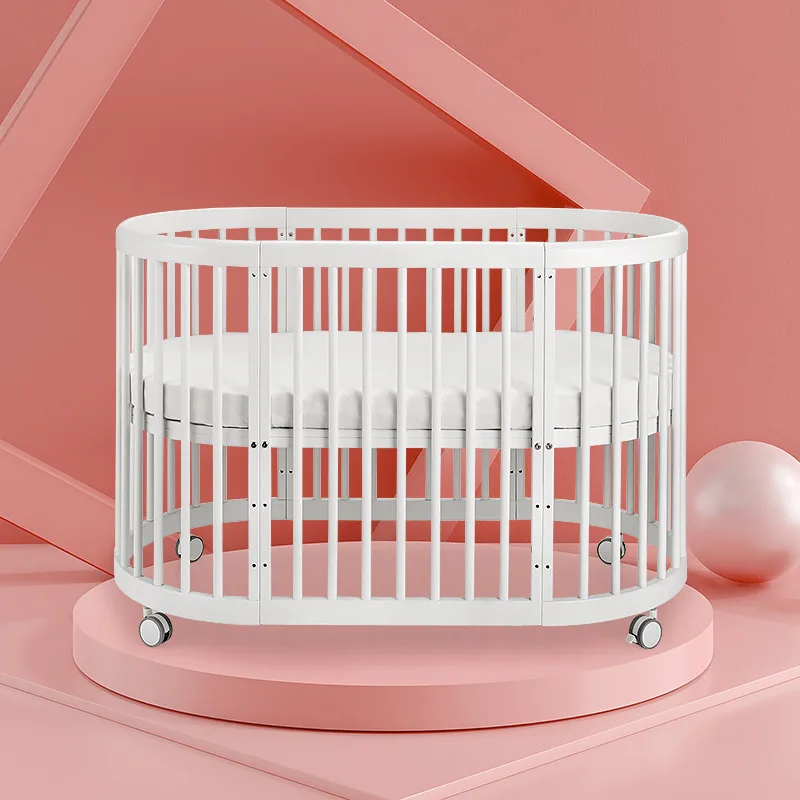 Oval Shaped Baby Crib Multifunctional Pine Children's Bed European White Newborn Baby Movable Splicing Large Bed image 5