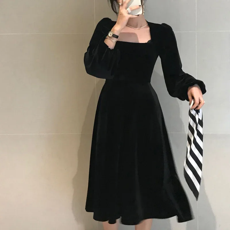 

2023 Korean Elegant Black Clothes Spring Vestidos Femme Fall Women Vintage Square Collar Velour Dress Puff Long Sleeve Dresses