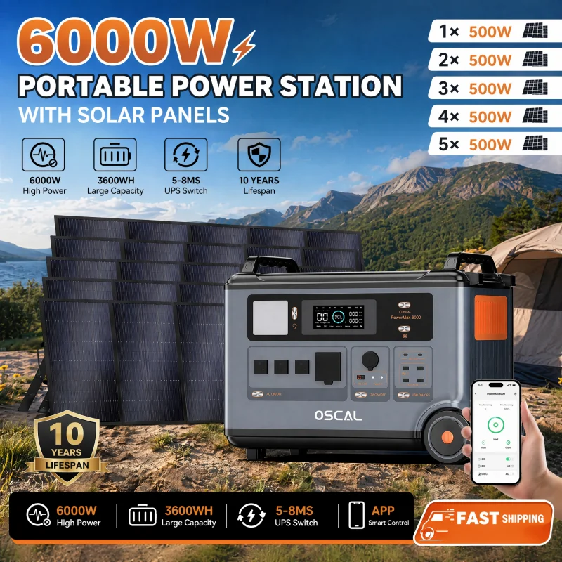 OSCAL PowerMax6000 Portable Power Station With 500W Solar Panel,6000W Continuous 9000W Peak,LiFePO4 Battery,2200W AC 2400W Solar Fast Charging,APP Monitor,Emergency Power Backup for Home,Camper,Outdoor Blackout