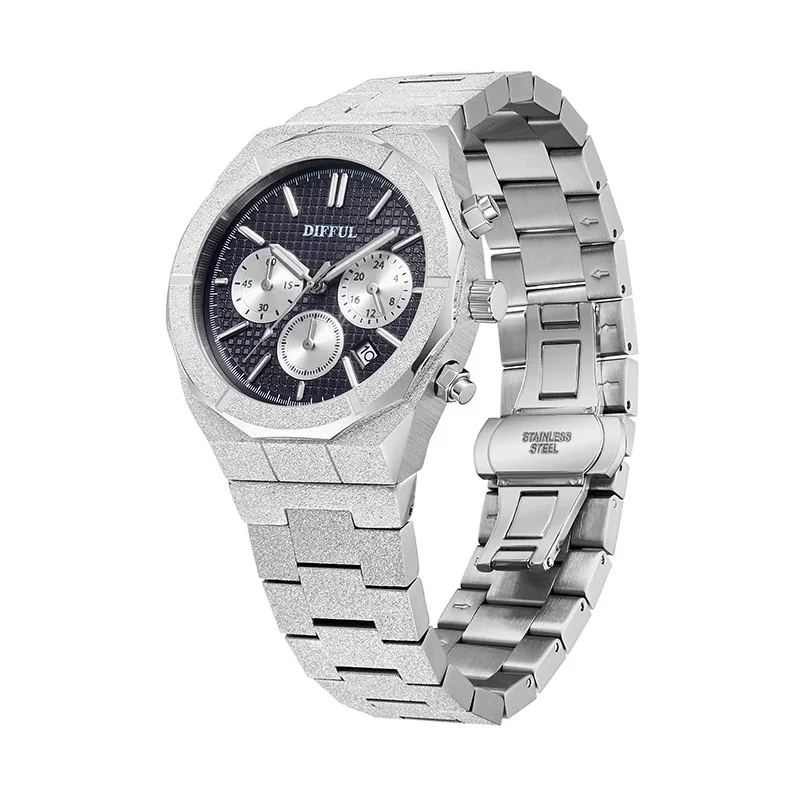 

5ATM Waterproof All Stainless Steel Auto Date Luminous Hand Men Chronograph Frosted Watch