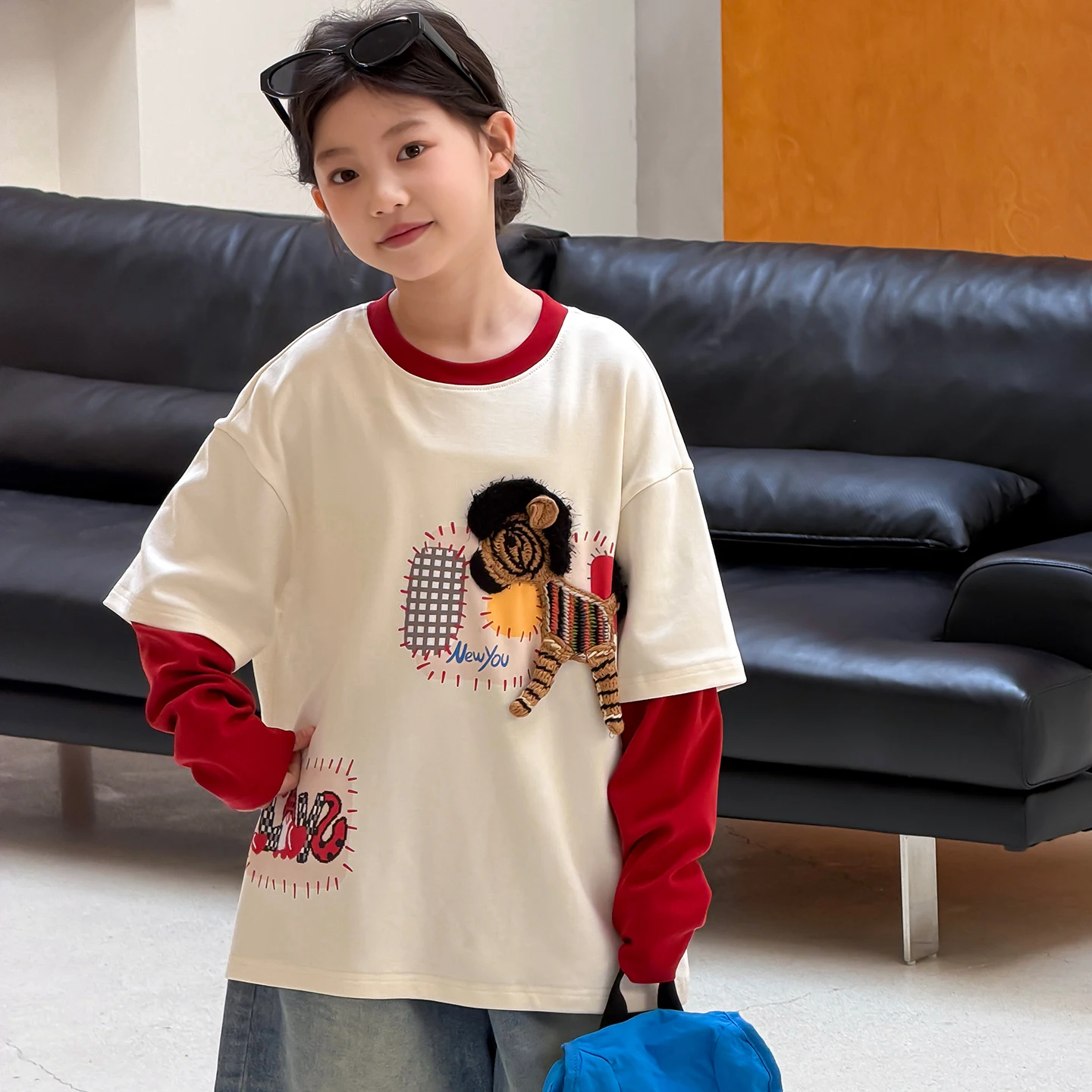 New Women's Long Sleeve T-Shirt for Kids Korean Style Fake Two-Piece Children's Top Fashionable Base Layer for Spring and Autu