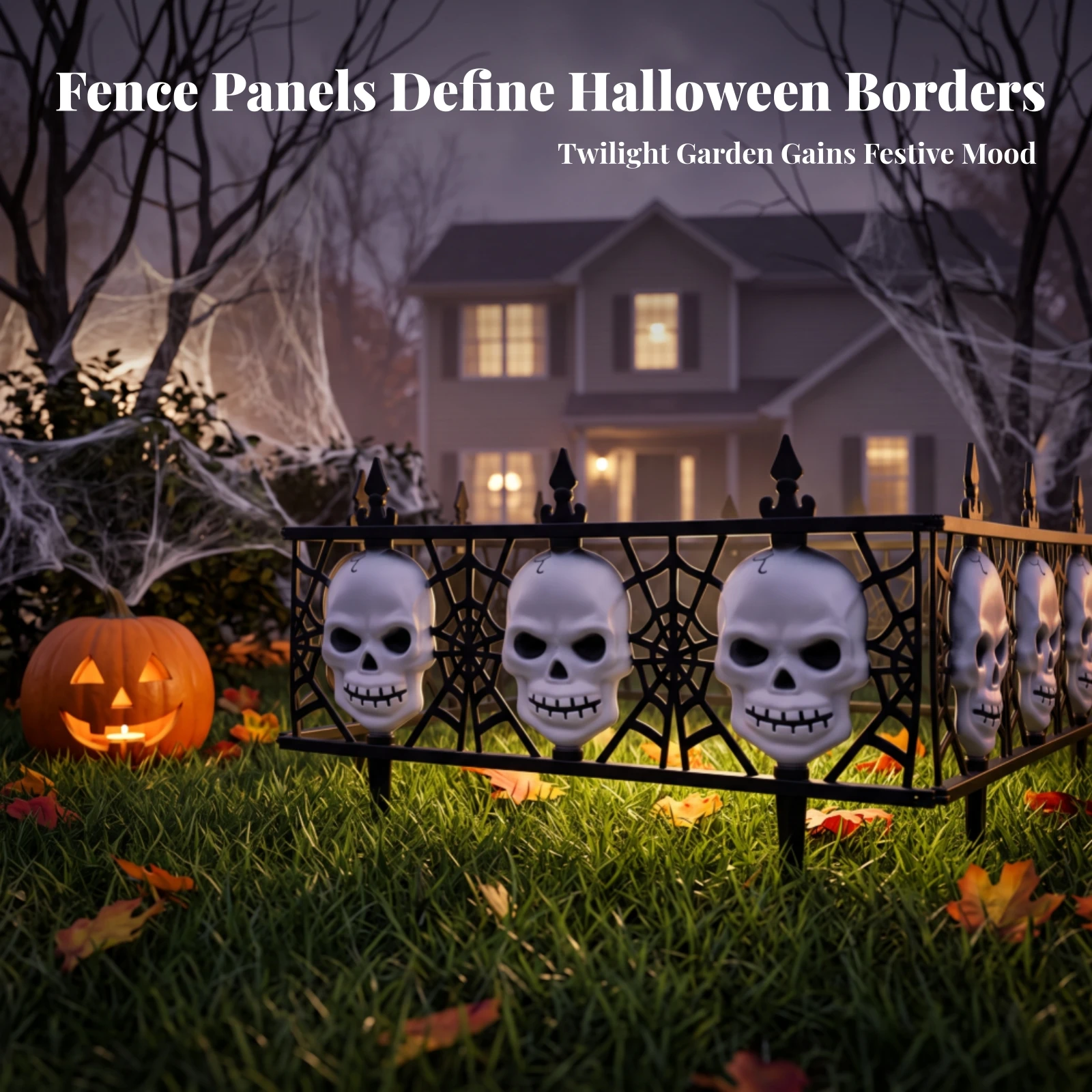 4 Pieces Decorative Fence with Skull Outdoor Spiderweb Fence Panels Yard Fencing Spooky Garden Border Gothic for Homeowners