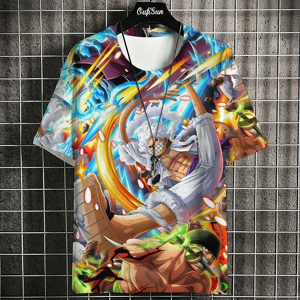 One Piece Luffy Gear 5 & Crew bedrukt T-shirt, met levendig anime-personageontwerp, perfect voor streetwear, anime-evenementen