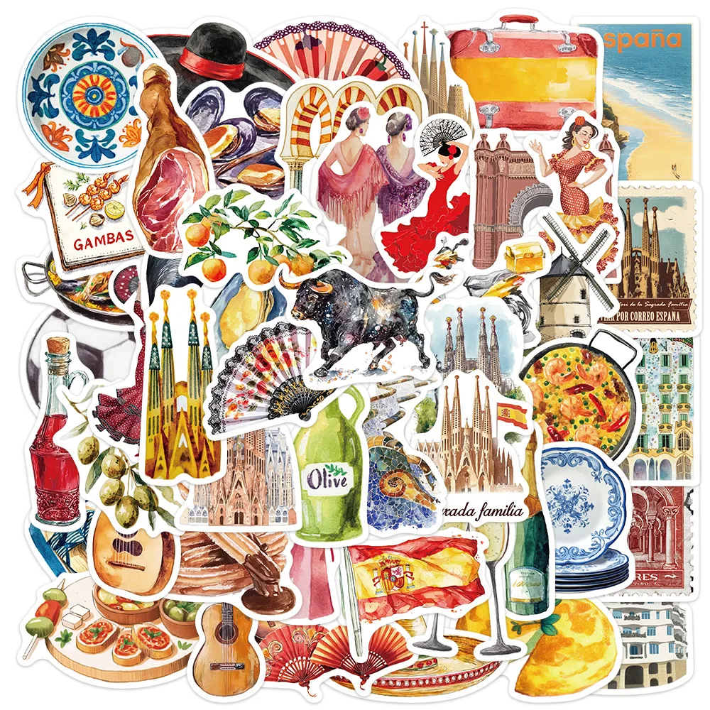 

50PCS Spanish Culture Stickers Spain Aesthetic Travel Landmark Decals Waterproof for Notebook Phone Case Guitar ﻿