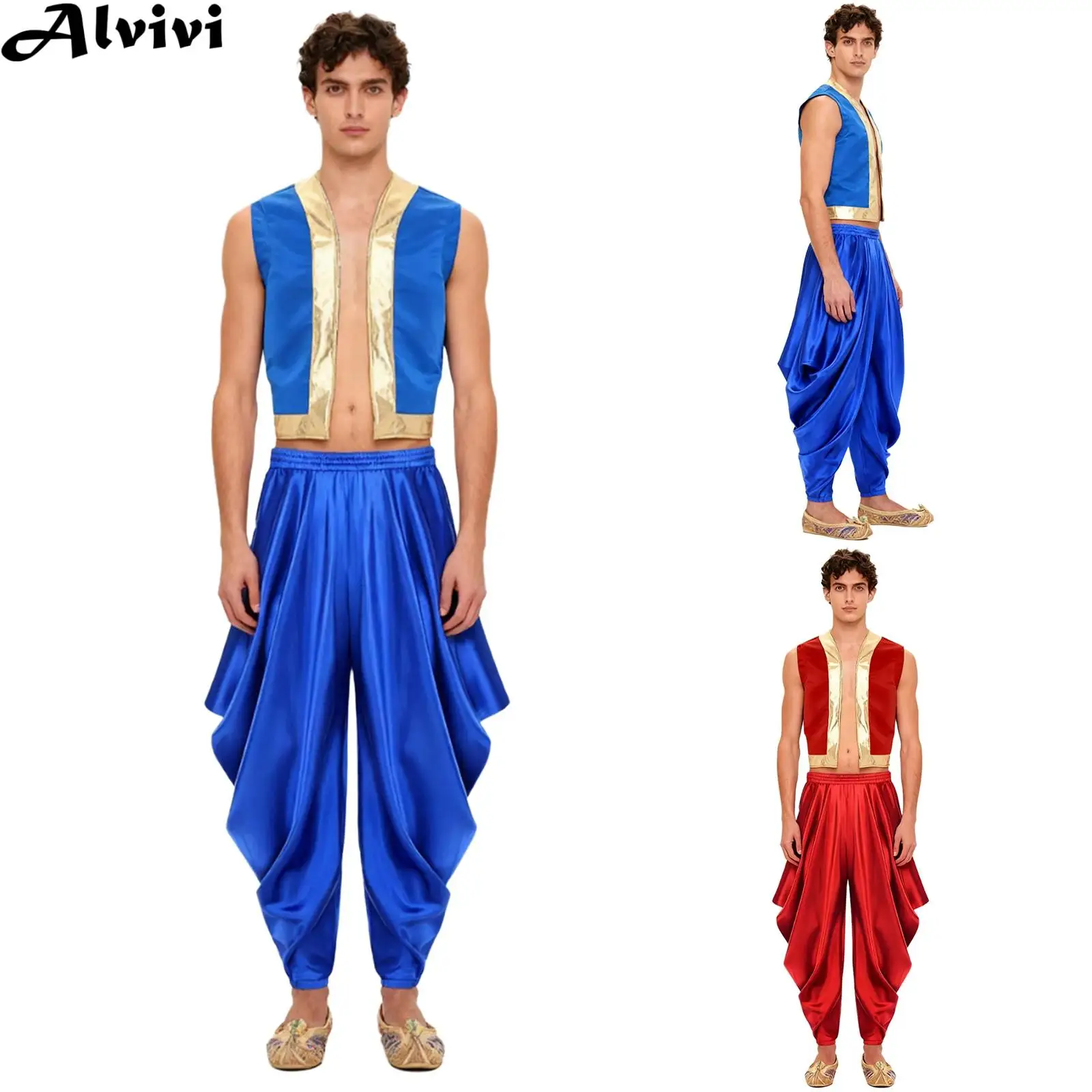 

Мужской костюм для индийского танца живота на Хэллоуин, арабский принц, карнавальный костюм, жилет с металлической блестящей отделкой и свободными шароварами, комплект