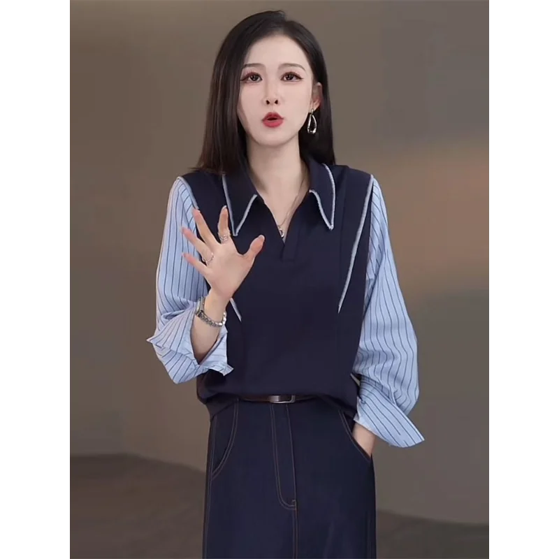 

Spliced long-sleeved Women's 2025 Autumn New Fashion Loose Slimming Fake Two-piece Contrasting Shirt