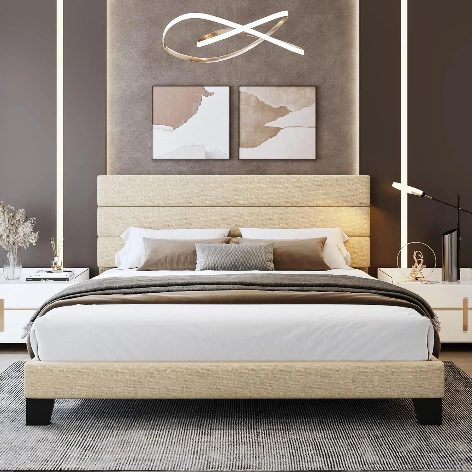 Extra large bed frame platform bed, equipped with soft cushion headboard and wooden support, easy to assemble, beige color