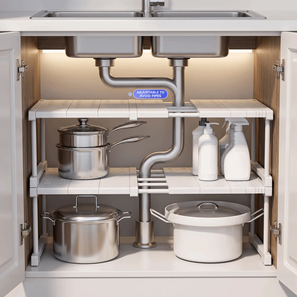 Expandable Cabinet Storage Rack Adjustable Width Stackable Cabinet Storage Layer Multi-Purpose Telescopic