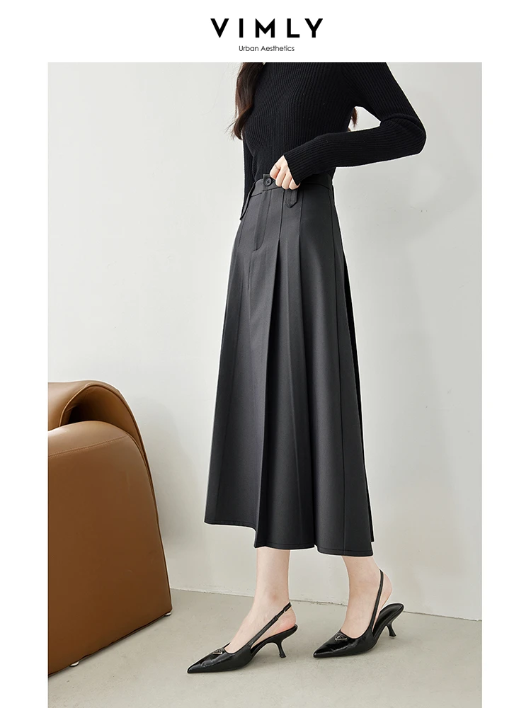 Vimly Elegant Grey Midi Pleated Skirt Women 2023 Autumn Winter Office Ladies Work Business Umbrella A Line Suit Skirt M3727