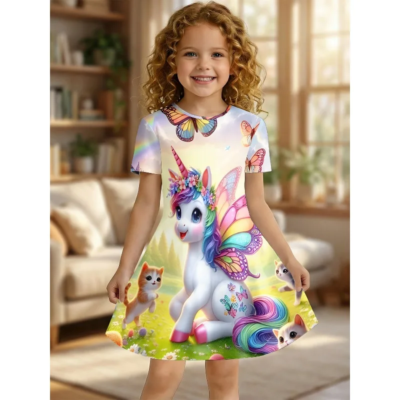 Girl Rainbow Unicorn and Kitten Printed T-shirt Dress, Butterfly Garden Children's Casual Dress Suitable for Birthday Gifts