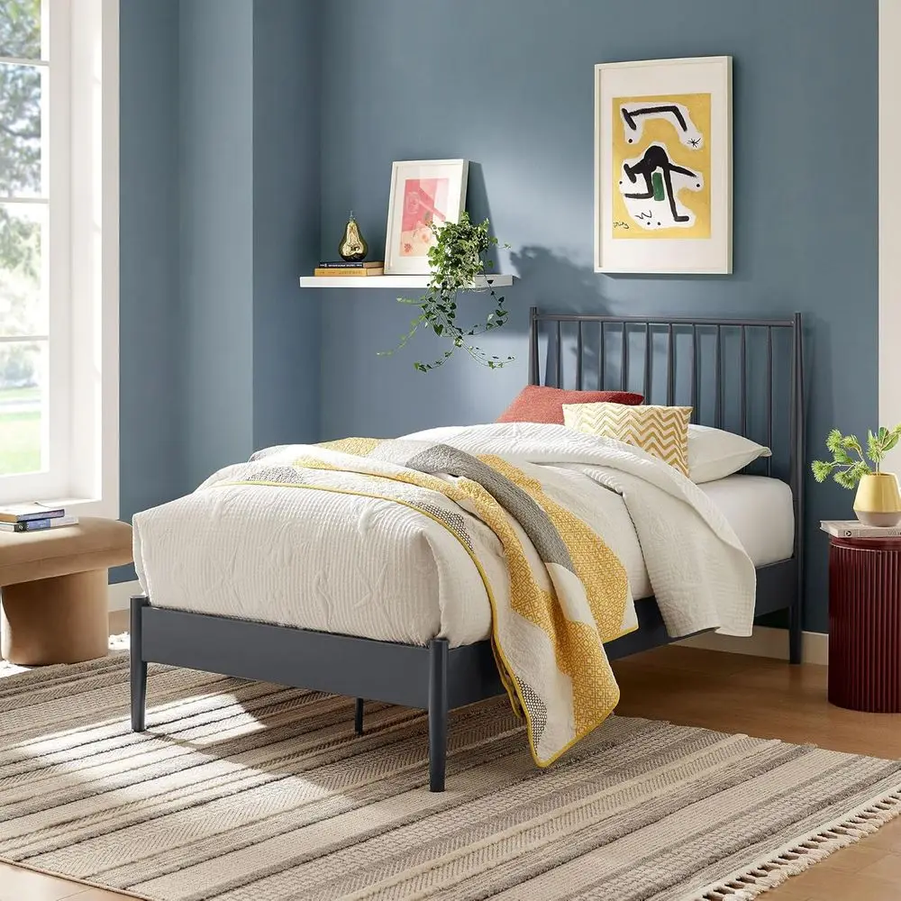 Classic Modern Farmhouse Twin Metal Bed Frame with Spindle Headboard, Wood Slat Support, No Box Spring Needed