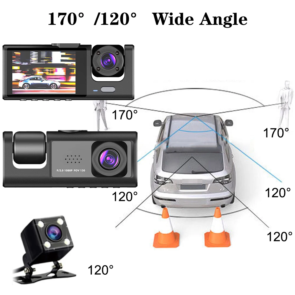 Interior Monitor Driving Video Recorder HD 1080P Dash Cam Car DVR 2 Inch Screen 3 Lens Rearview Camera 12V Universal