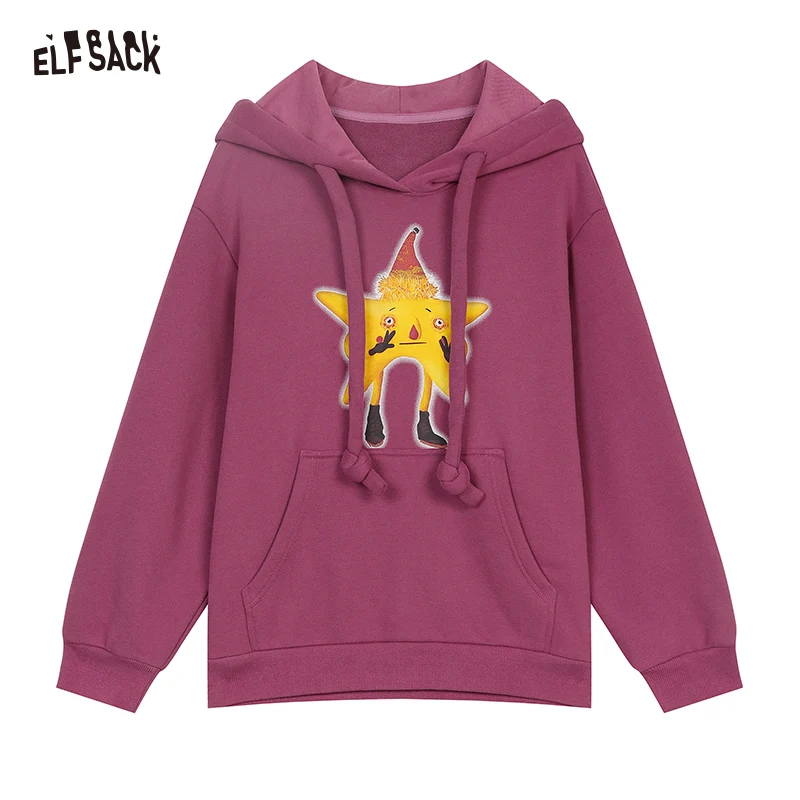 ELFSACK 2024 Winter New Arrivals Original cartoon print retro hooded sweatshirt for women