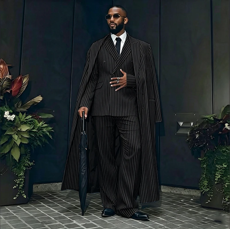 Luxury Men's White Pinstripe 3-Piece Suit Oversized Overcoat with Formal Tuxedo Jacket Pants Set Gentlemen Banquet Party Outfit