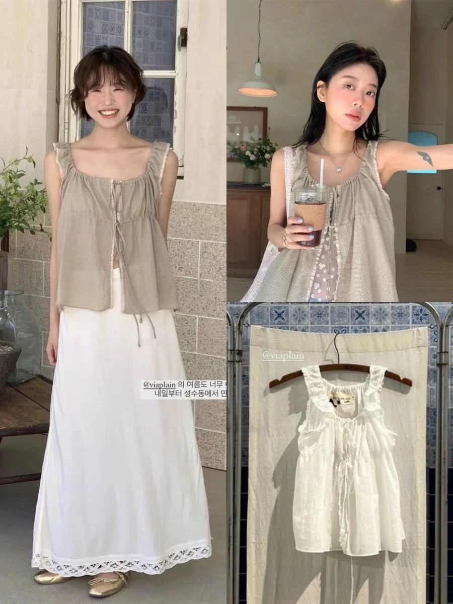 

Viaplain ort Plaid Lace Trim Belted Women's Vest Casual Sle Outerwear No Chest Pad Autumn 2025 Other Material 00%