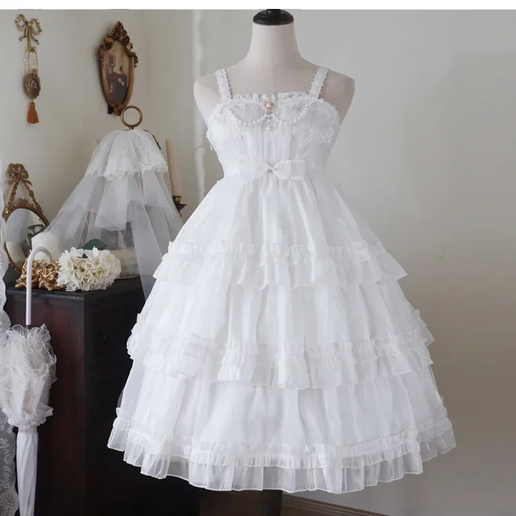 Viktorianisches Lolita-Hosenträgerkleid, Damen-Gothic-Kleid mit Puffärmeln, kurzen Ärmeln, laminierten Rüschen, Mini-Kleid mit Schleife und Rüschen, Prinzessinnenkleid – Detail 4