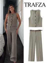 TRAFZA Women's Autumn Set O-Neck Sleeveless Single Breasted Vest Tops+High Waist Belt Button Zipper Trousers Female Fashion Suit