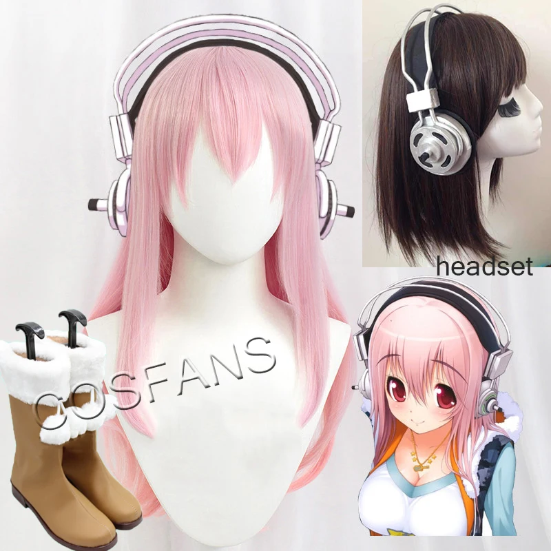 Super Sonico Cosplay 60cm Long Wig Christmas Pink Wig Cosplay Anime Wig Heat Resistant Synthetic Wigs Shoes earphones Props